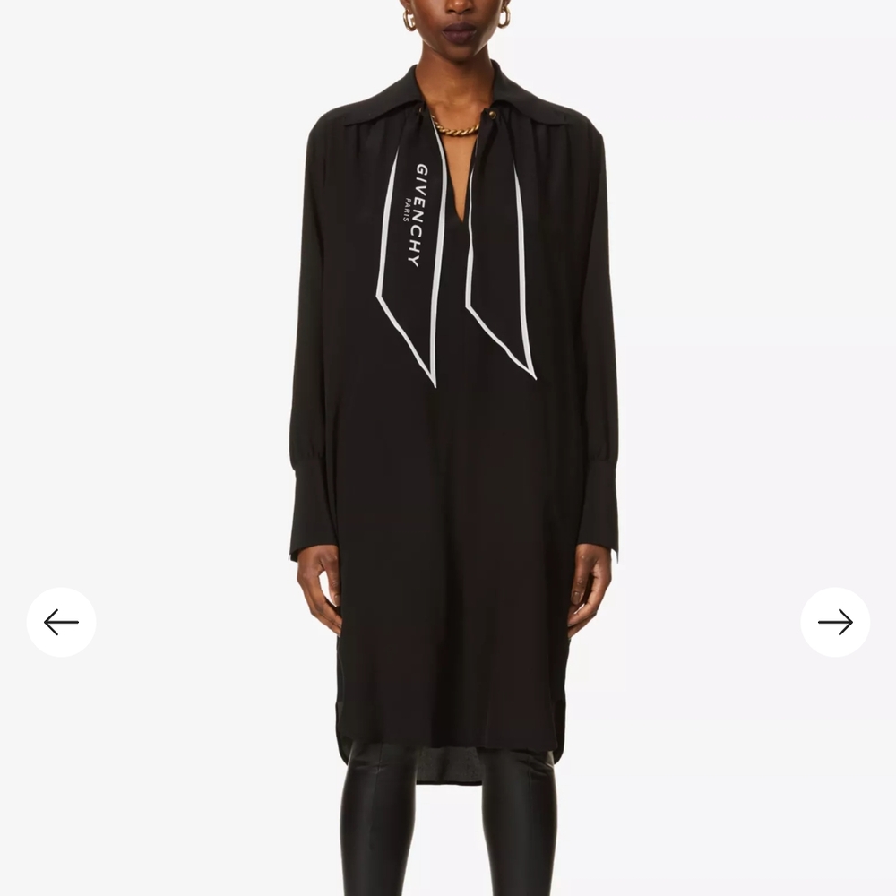 Givenchy Silk Long-Sleeve Shirtdress w/ Logo Scarf Gold Chain